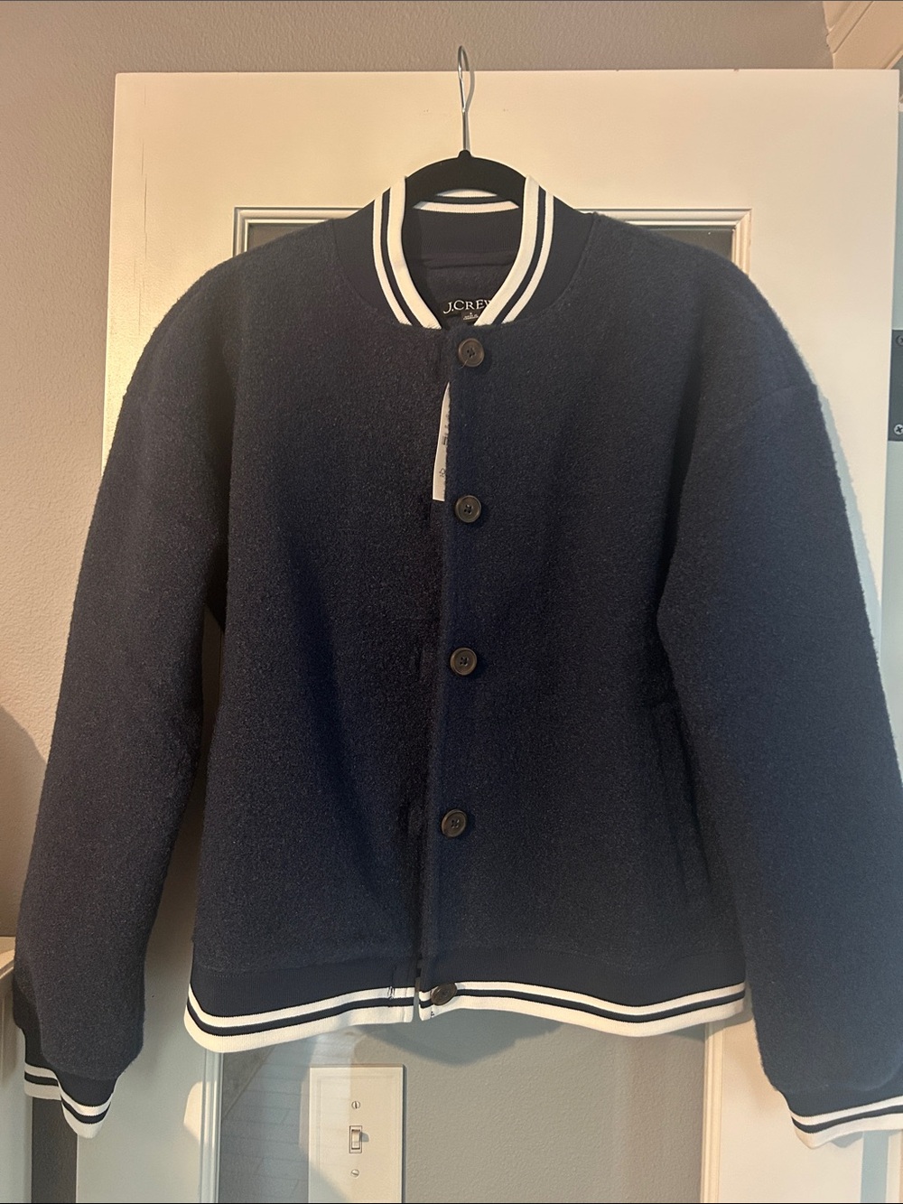 J. Crew Navy Bomber Jacket with White Striped Trim